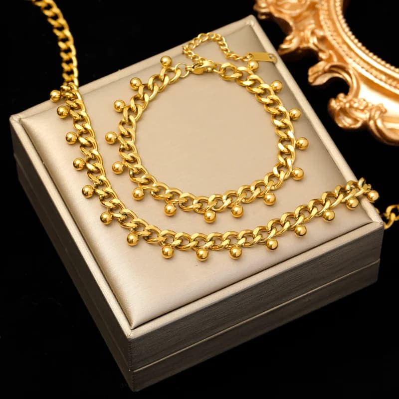 Set Rantai Leher & Gelang Rantai Kasar, Emas