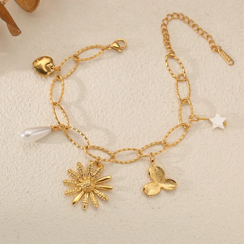 Gelang Herringbone Charm Mutiara Bunga, Emas 18K