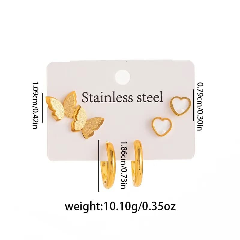 Set Anting Stud Lingkaran Hati & Kupu-kupu (3 Pasang)