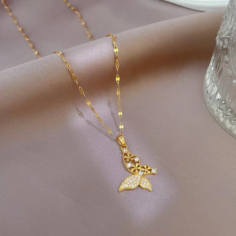 Kalung Rantai Butterfly Berwarna Emas Keluli Tahan Karat 316L dengan Zirkonia Kubik