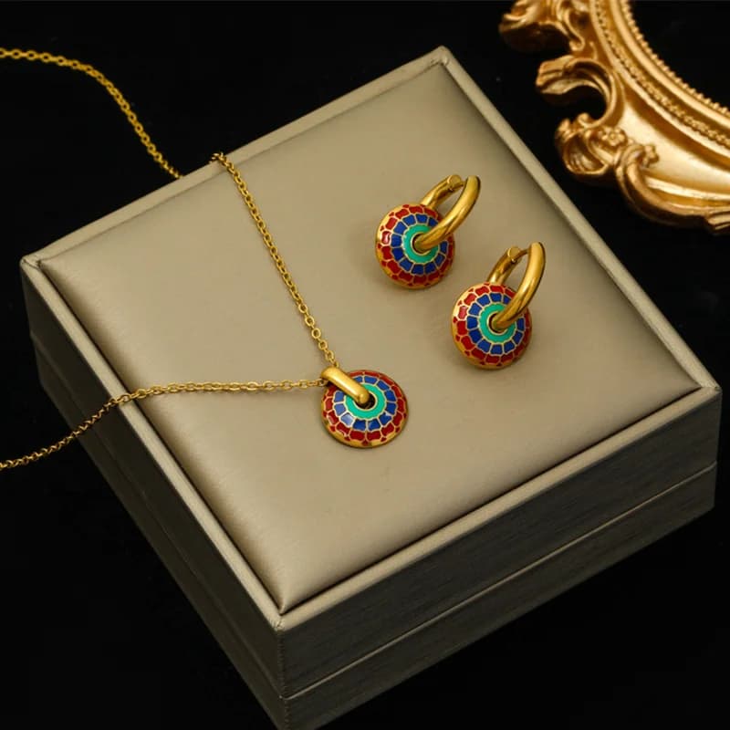 Set Rantai Leher & Anting-anting Bunga Vintage