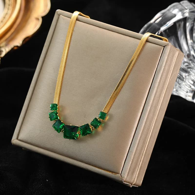 Kalung Choker Keluli Tahan Karat 316L Kristal Zirkonia Hijau