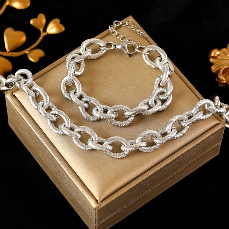Set Rantai Leher & Gelang Rantaian Tebal Pernyataan Gaya