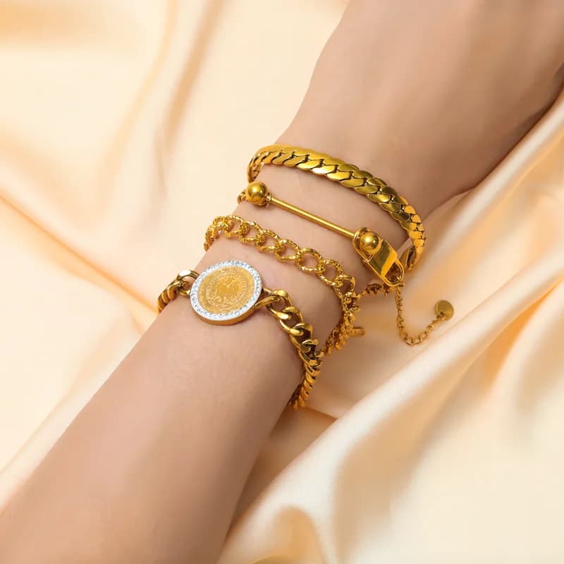 Set Rantai Leher & Gelang Rantai Lebar Rata Warna Emas