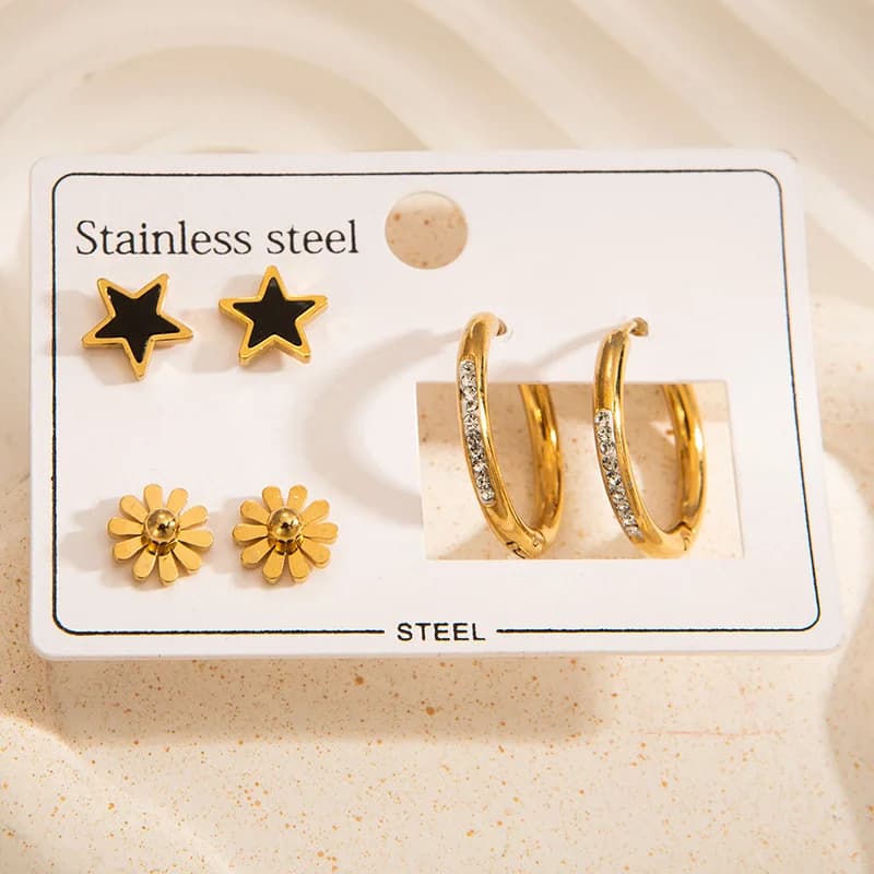 Set Anting-Anting Gelung & Paku Hati Segi Tiga (3 Pasang)