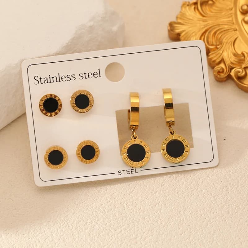 Set Anting-Anting Angka Romawi Bulat Hitam (3 Pasang)