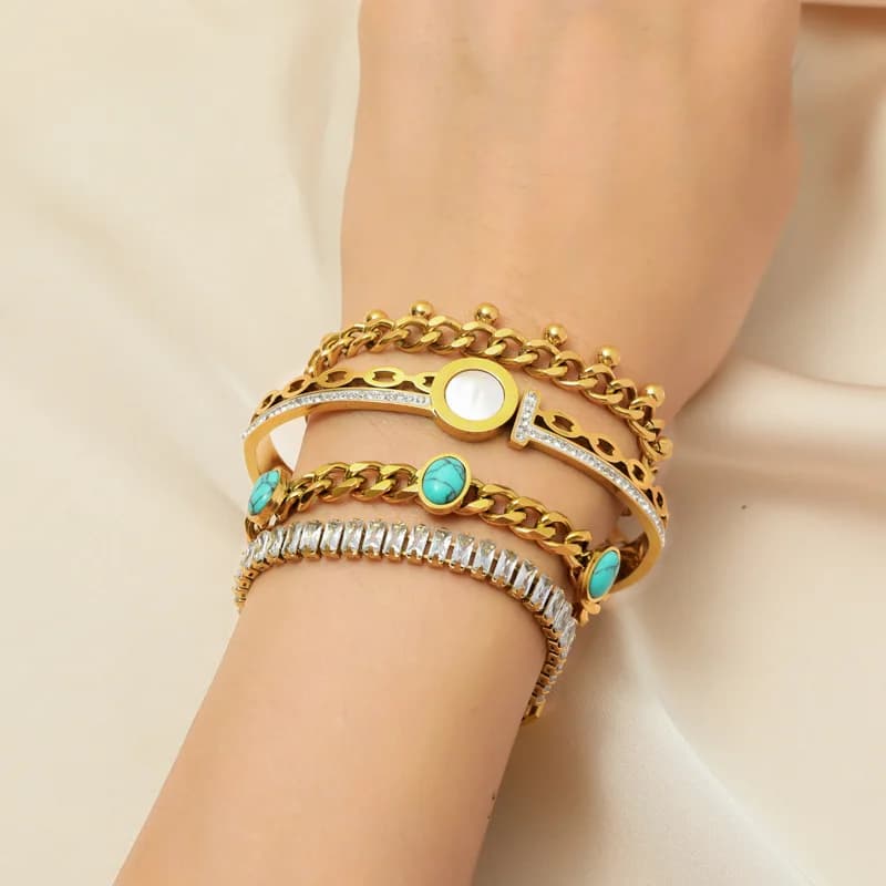 Set Rantai Leher & Gelang Rantai Kasar, Emas