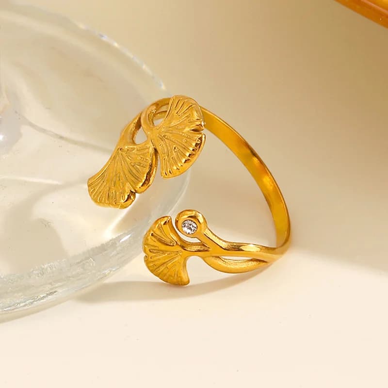 Cincin Boleh Laras Daun Ginkgo Zirkon, Keluli Tahan Karat