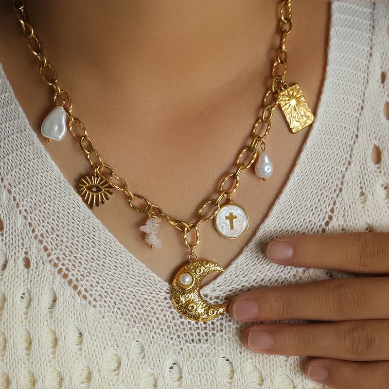 Rantai Leher Loket Bintang Laut Bulan Matahari Warna Emas Keluli Tahan Karat 316L