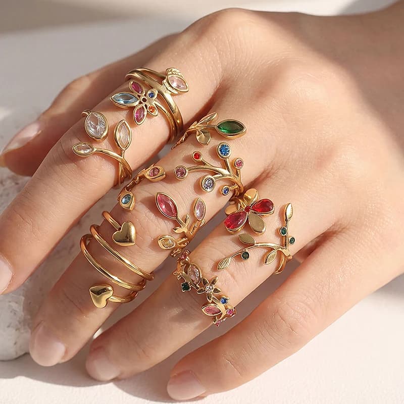 Cincin Boleh Laras Daun Zirkonia Berkilau Keluli Tahan Karat