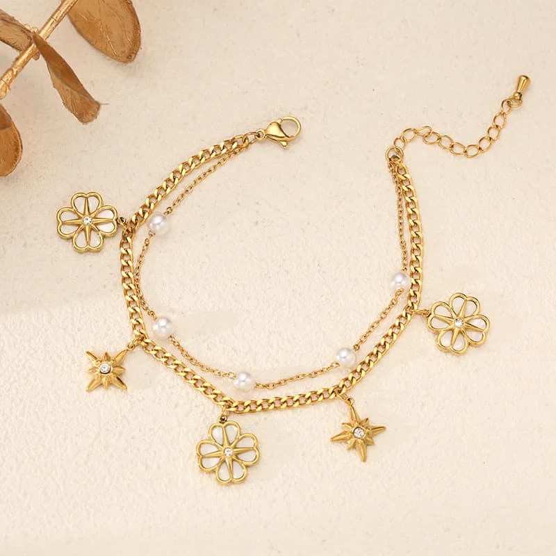 Gelang Charm Bunga & Bintang dengan Mutiara