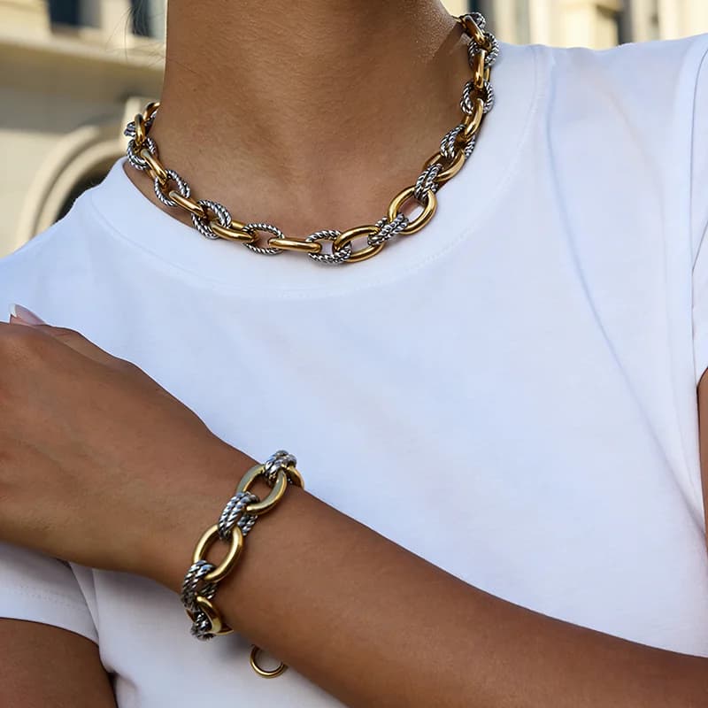 Set Kalung & Gelang Oval Dua Nada Keluli Tahan Karat 316L