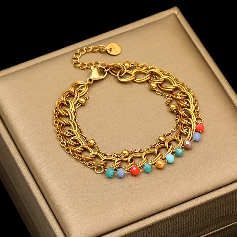 Gelang Lebar Berlapisan Ganda Keluli Tahan Karat Warna Emas