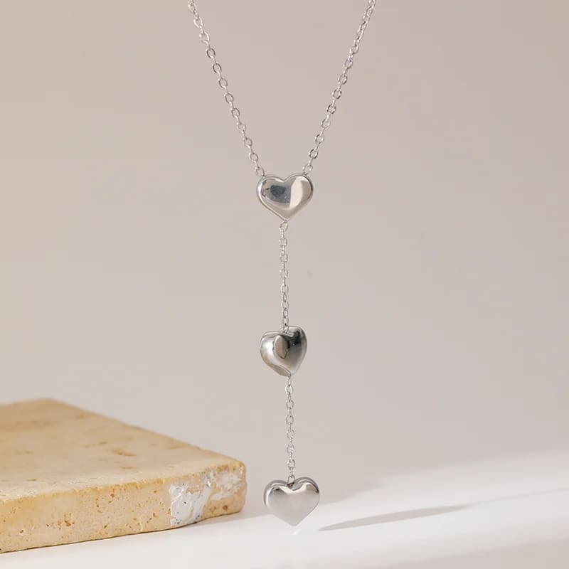 Set Rantai Leher & Anting-anting Hati Berkilat, Perak