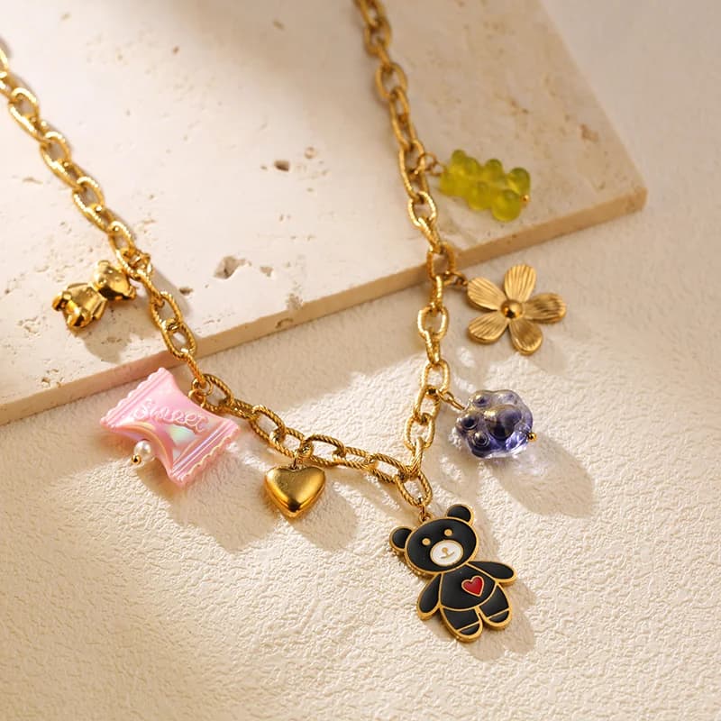 Rantai Leher Loket Pelbagai Charms, PVD Emas 18K