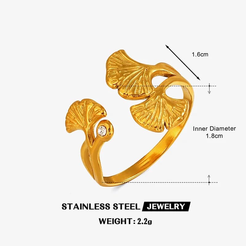 Cincin Boleh Laras Daun Ginkgo Zirkon, Keluli Tahan Karat