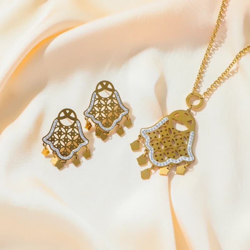Set Rantai Leher & Anting-Anting Charm Mata Tangan Vintage