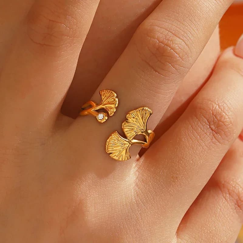 Cincin Boleh Laras Daun Ginkgo Zirkon, Keluli Tahan Karat