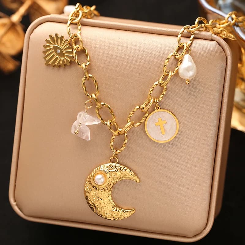 Rantai Leher Loket Pelbagai Charms, PVD Emas 18K