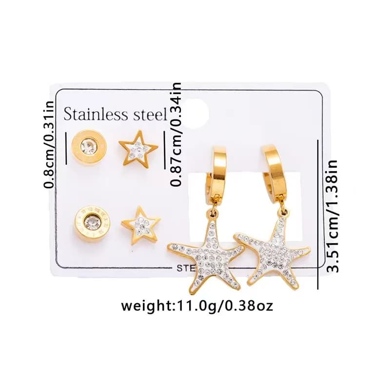 Set Anting Stud Bintang Lima Sudut Zirkon (3 Pasang)
