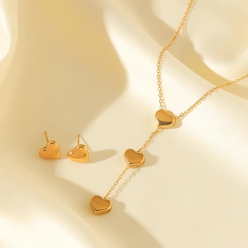 Set Rantai Leher & Anting-anting Hati Berkilat, Perak