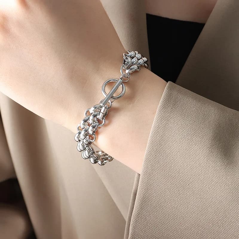 Gelang Bangle Rantai Warna Perak, Keluli Tahan Karat
