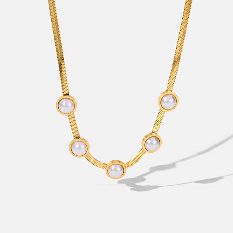 Rantai Leher Choker Mutiara Bulat Warna Emas