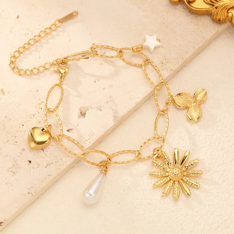 Gelang Herringbone Charm Mutiara Bunga, Emas 18K