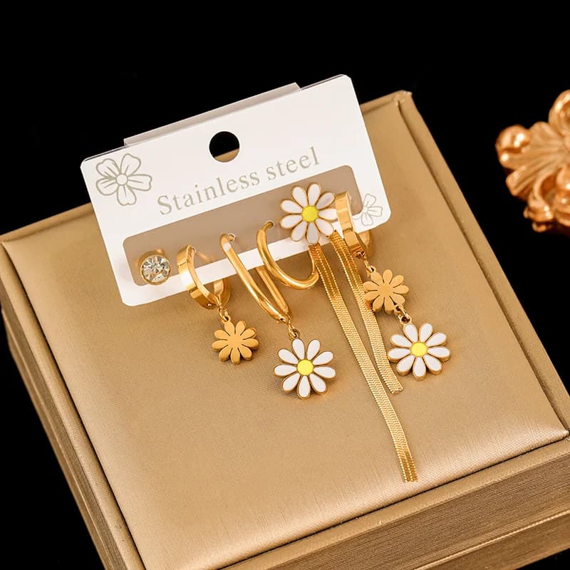Set Anting-Anting Bunga Daisy, Bersalut Emas 18K