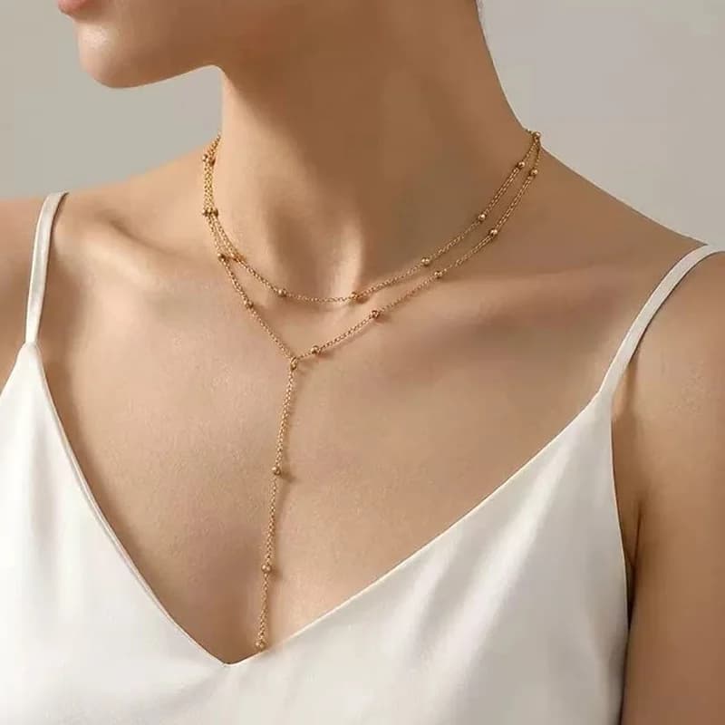 Kalung Loket Bentuk Y Panjang Manik Emas Halus