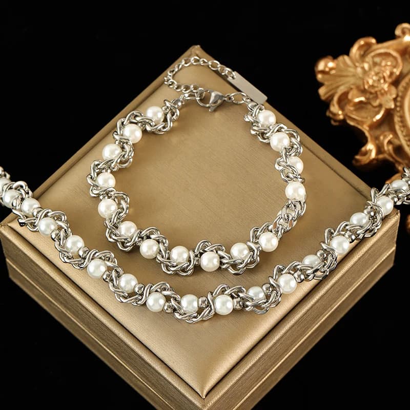 Set Kalung dan Gelang Rantai Mutiara, Perak