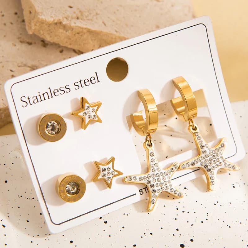 Set Anting Stud Bintang Lima Sudut Zirkon (3 Pasang)