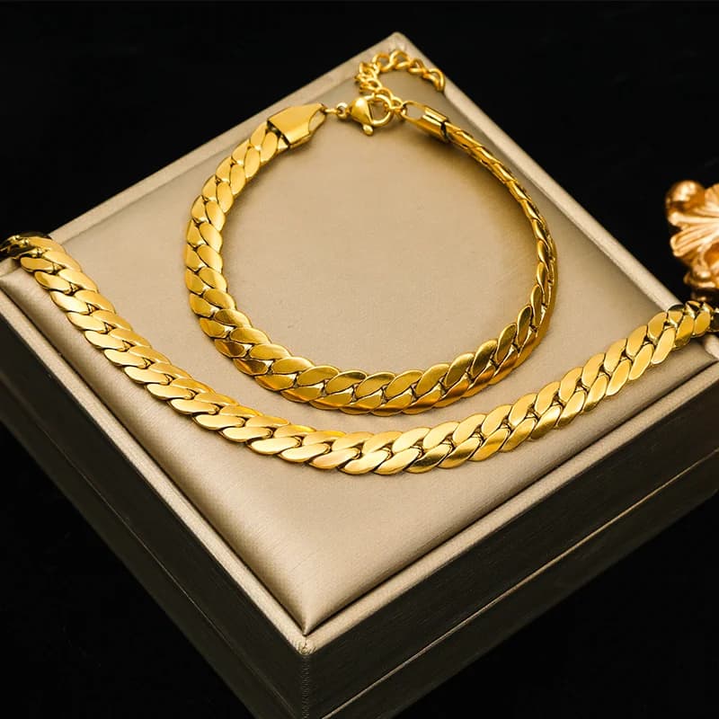 Set Rantai Leher & Gelang Rantai Lebar Rata Warna Emas