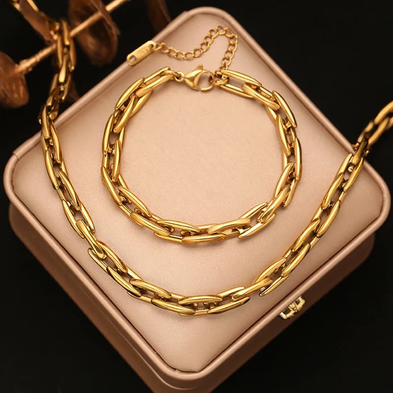 Set Rantai Leher & Gelang Rantai Tebal Warna Emas