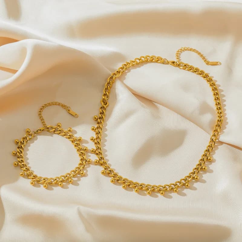 Set Rantai Leher & Gelang Rantai Kasar, Emas