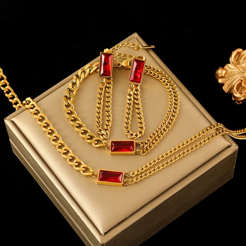 Set Kalung, Gelang dan Anting Kristal Zirkon Merah