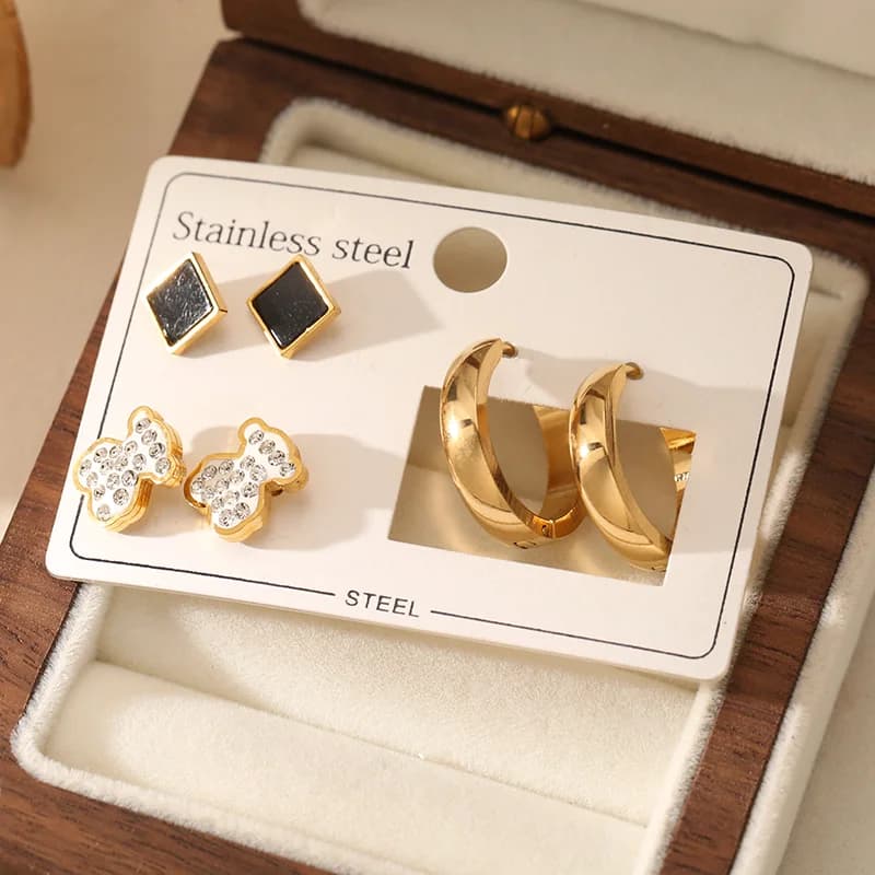 Set Anting-anting Stud Bear & Hoop Segi Empat (3 Pasang)