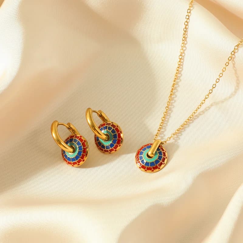 Set Rantai Leher & Anting-anting Bunga Vintage