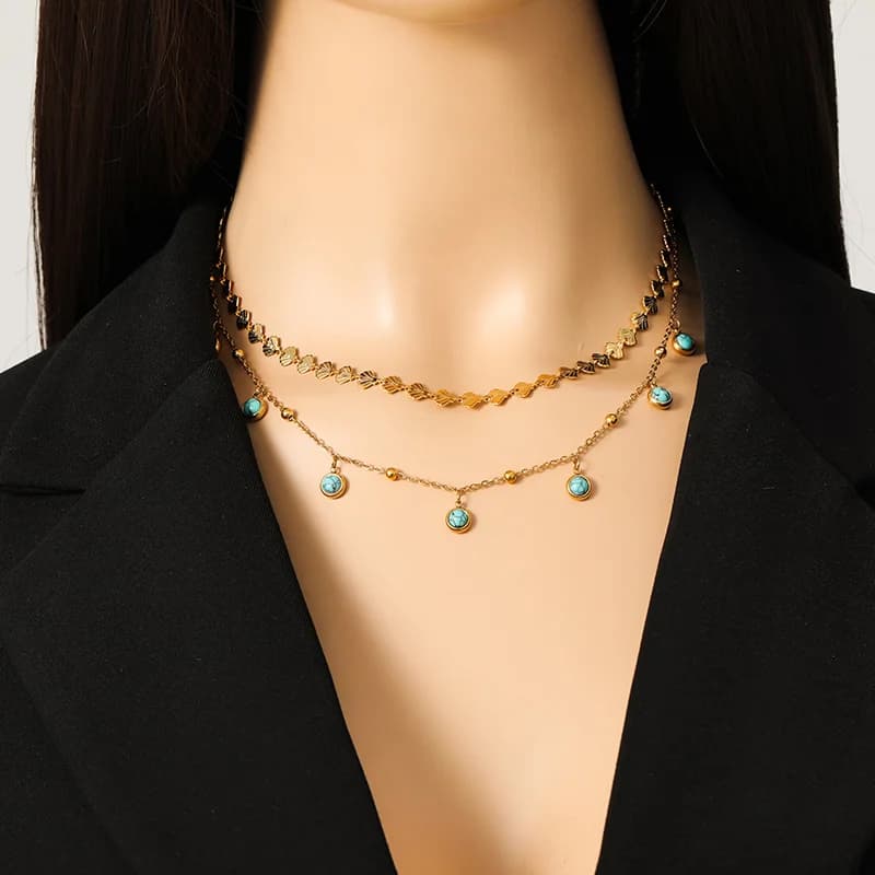 Kalung Berlapis Dua Turquoise Tiruan Keluli Tahan Karat