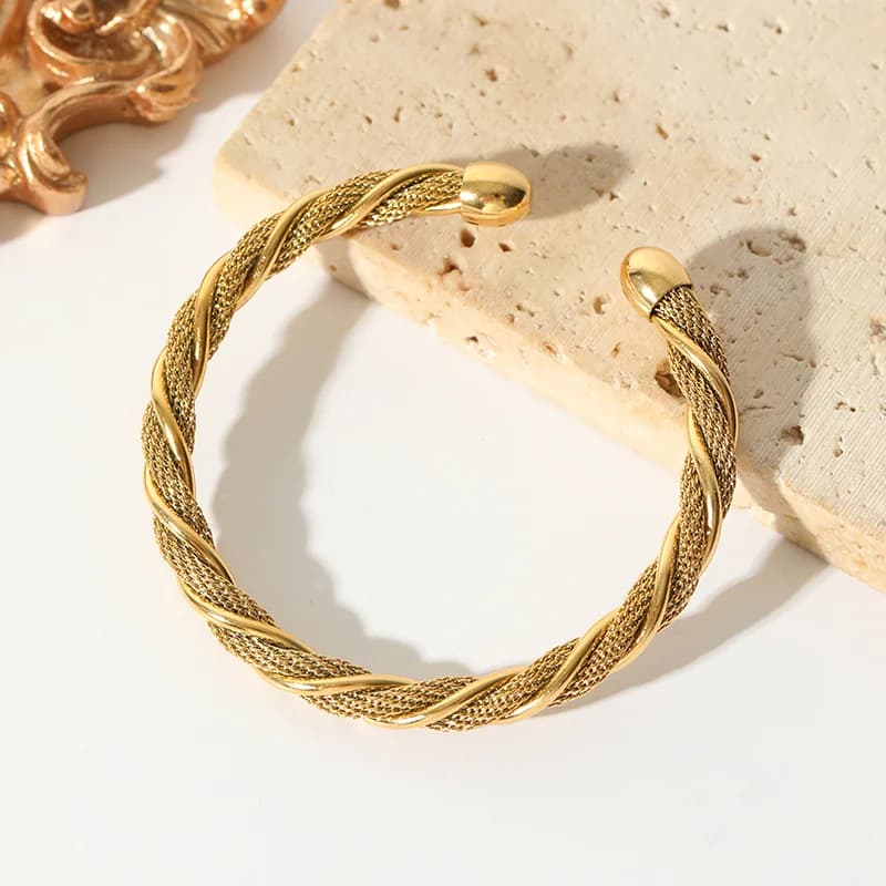 Gelang Tangan Bangle Berpilin Boleh Laras Berwarna Emas Keluli Tahan Karat 316L
