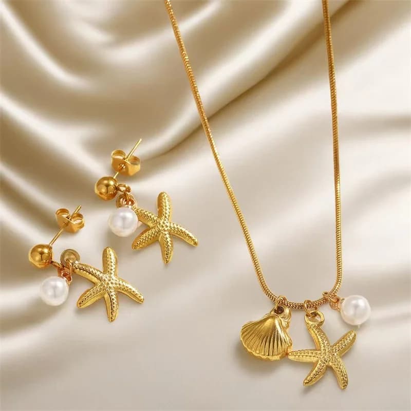 Set Kalung & Anting-anting Kerang Mutiara Bintang Laut