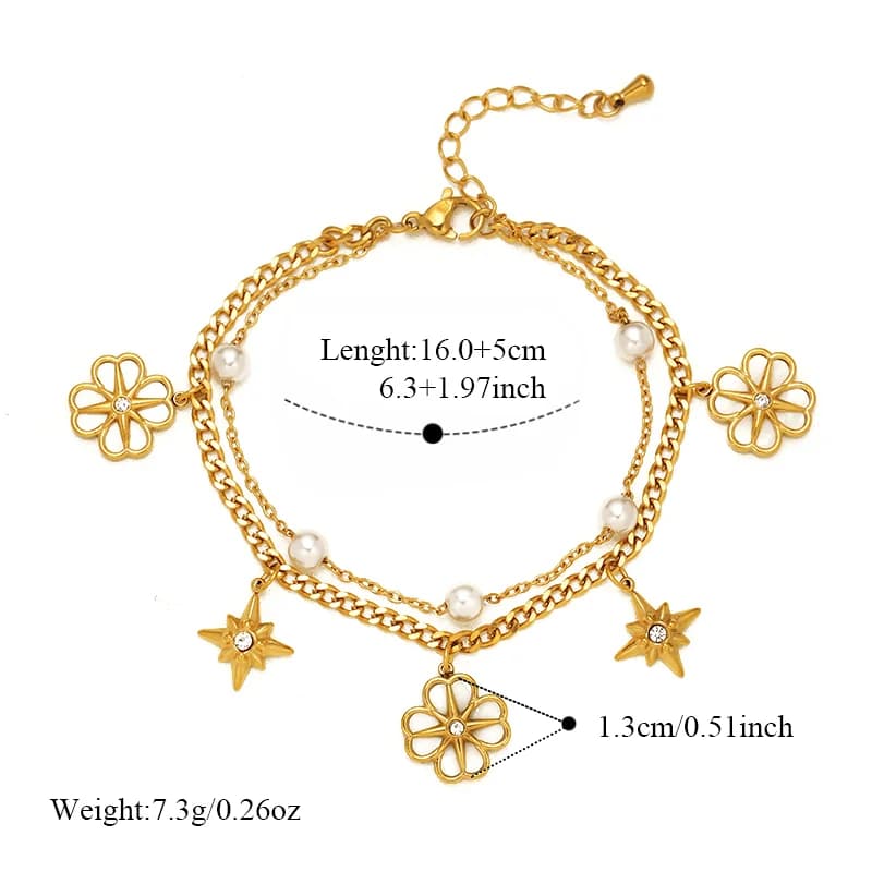 Gelang Charm Bunga & Bintang dengan Mutiara